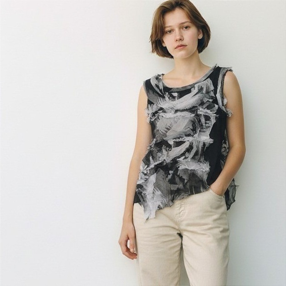 Tempo Paris Womens Asymmetric Abstract Ruffle Tank Top Black White Size‎ L